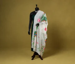 Hand-Painted Offwhite Dupatta with Royal Peacock & Lotus Art